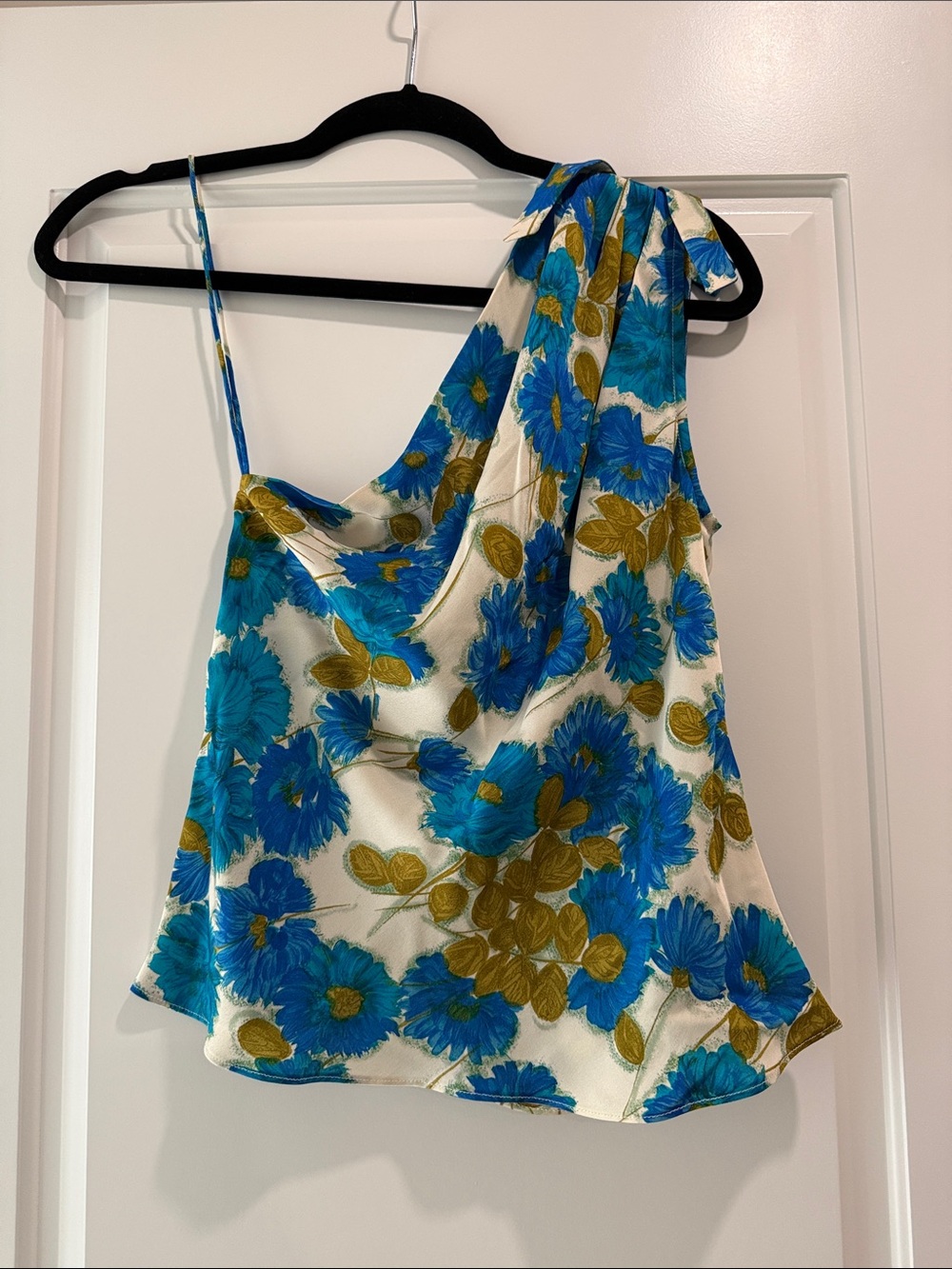 One-Shoulder Blue Floral Satin Camisole
